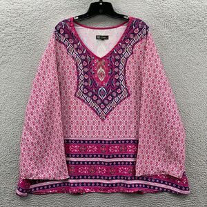 DG2 DIANE GILMAN Blouse Womens 2X Top Geometric Long Sleeve Pink White